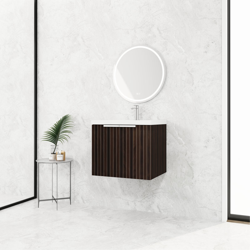 Meuble-lavabo de 24 po avec lavabo en résine, poignée en métal, fixation à flotteur pour lavabo moderne de petite salle de bain, mécanisme