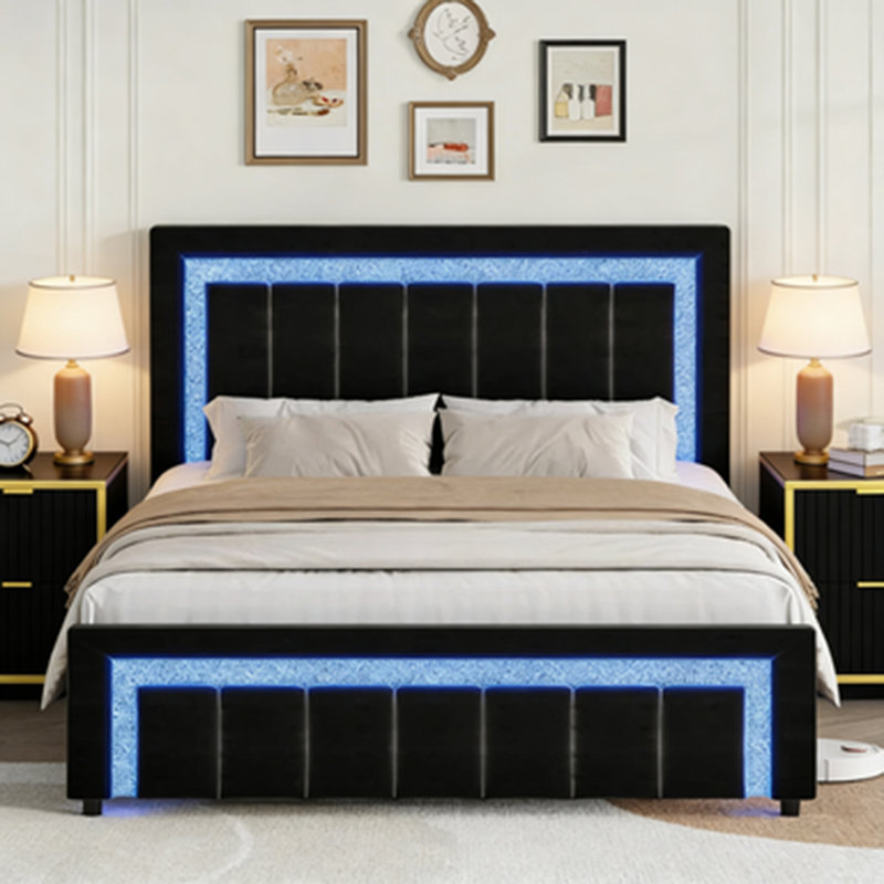 Ensemble de lit plateforme en velours capitonné à DEL avec velours moderne 2 pièces DEL - Suite de chambre à coucher lumineuse 3 pièces