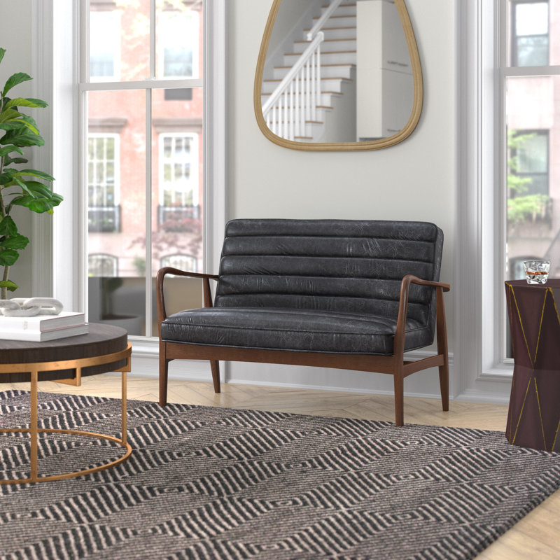 Cassidee 2 Seater Top Grain Leather Loveseat, Ebony