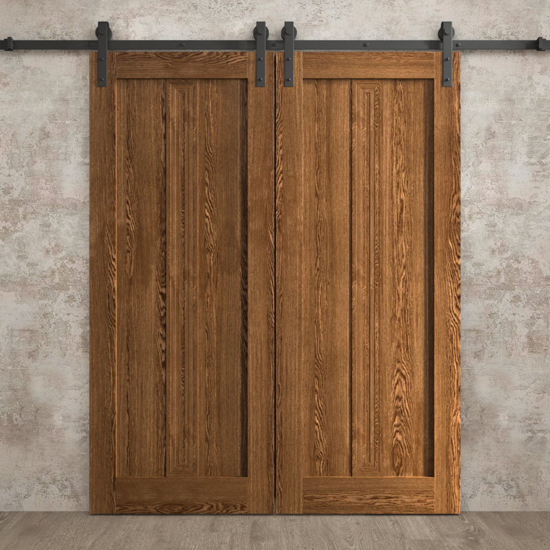 Porte de grange double moderne | Ego 5006 | Ensemble de rails | Portes intérieures solides, Chêne cognac, 72 po x 80 po