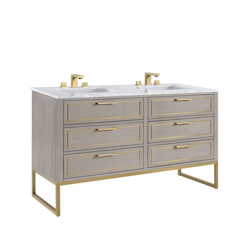 Markham 60'' W Double Vanity, Cashmere Gray, Carrara Marble, Satin Brass