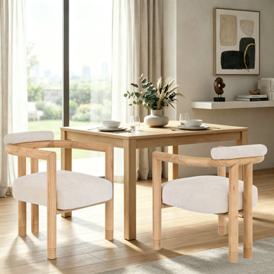 Set of 2 Upholstered Arm Dining Chairs, Modern Reception Accent Chairs with Rubber Wood Frame, Curved Padded Back, Cream Breathable Fabric Seat for Dining Room Office