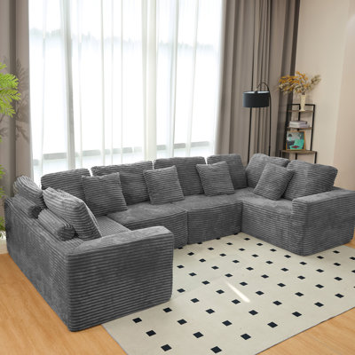 135.5-inch Modular U-Shaped Sectional Sofa, 6-Seater Chaise Lounge with Reversible Design, Striped Corduroy Fabric in GREY–Living Room Couch, Freely Configurable Layout.