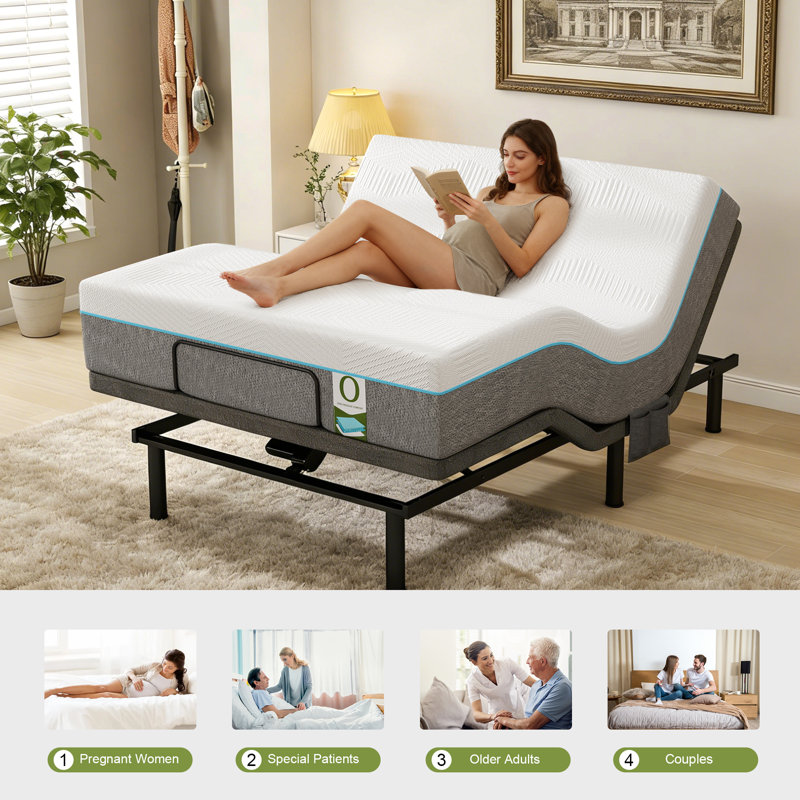 Adjustable Bed Frame With Independent Head & Foot Incline, Wireless Remote, Under-Bed Lighting, And Tool-Free Assembly, Queen