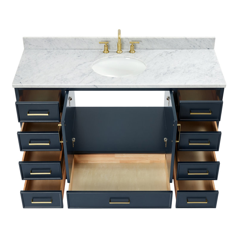 55'' Single Bathroom Vanity with Carrara Marble Top, Midnight Blue