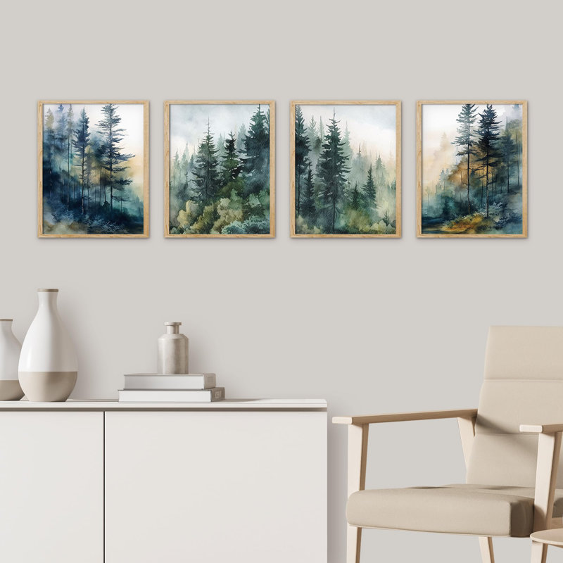 " Green And Teal Watercolor Forest Pine Trees " 4 - Pieces, Natural, 10" H x 8" W