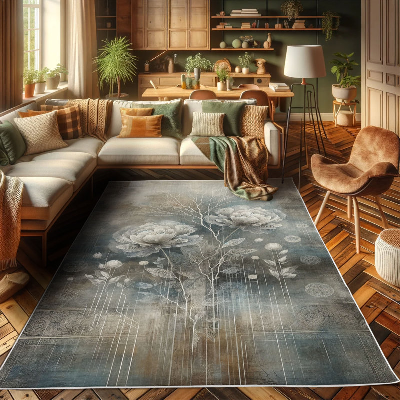 Blue and Gray Abstract Floral Synthetic Area Rug