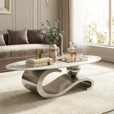 Luxury White Oval Coffee Table with Musical Note Base–Modern Accent Piece for Living Room Decor by Mercer41