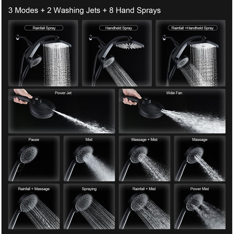 Pomme de douche à pluie, haute pression, pomme de douche à main à 10 jets, pommes de douche avec douchette combinée , Noir