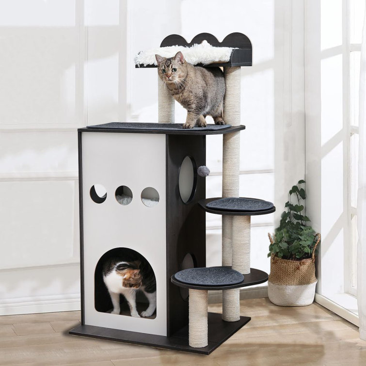 47" Modern Cat Tower with 2-Floor Condo, Cat Furniture Sisal Scratching Posts, Dangling Balls