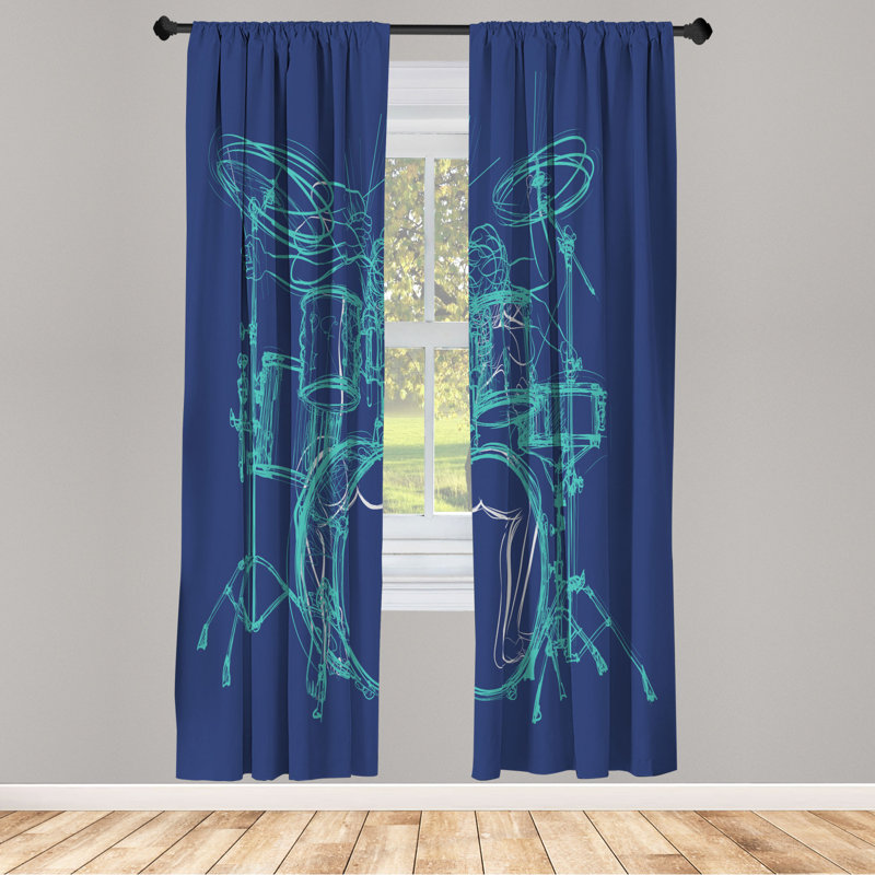 Microfiber Floral Semi-Sheer Rod Pocket Curtain Panels, 28" W x 84" L, Navy/Sky Blue
