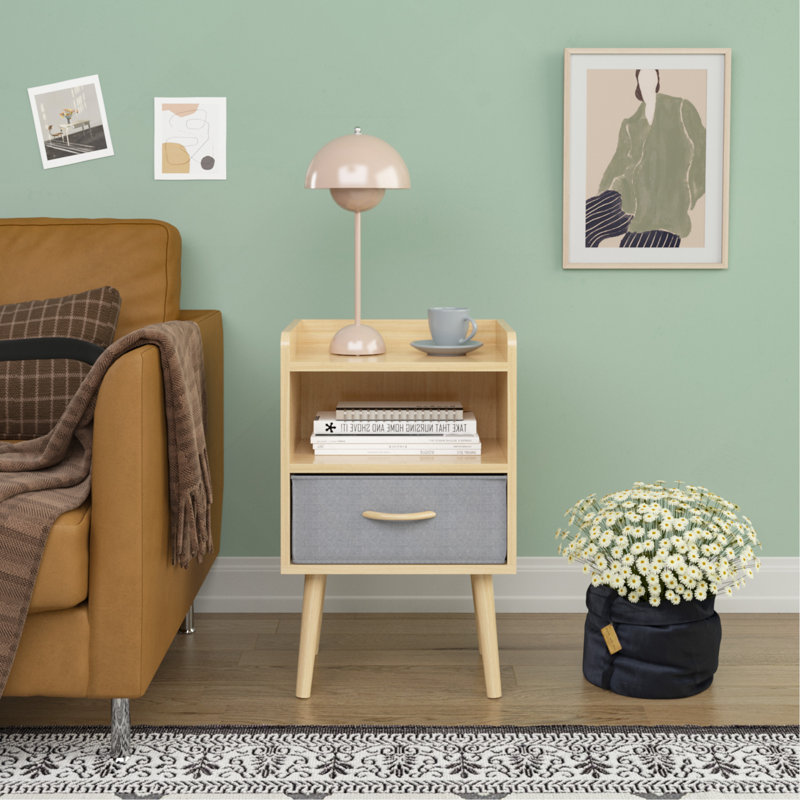 Table d'appoint en bois avec tiroir en tissu pliable, 2 tables de chevet pour et adultes en chêne, structure solide avec pieds en panneau de particules, installation rapide, peut supporter 40 livres, assez de rangement pour la lampe de la pièce