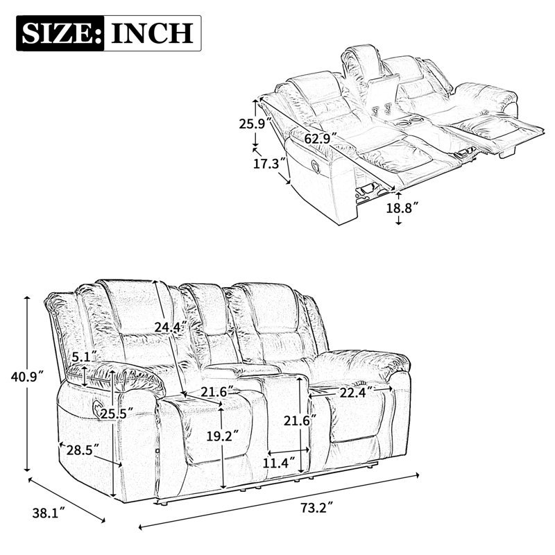 Black Faux Leather Reclining Home Theater Chair with Cup Holders