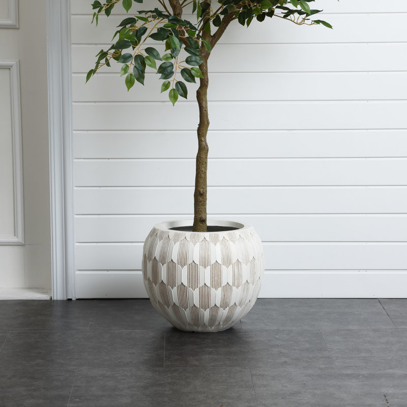 White and Beige Pattern 14.2-Inch Round Planter