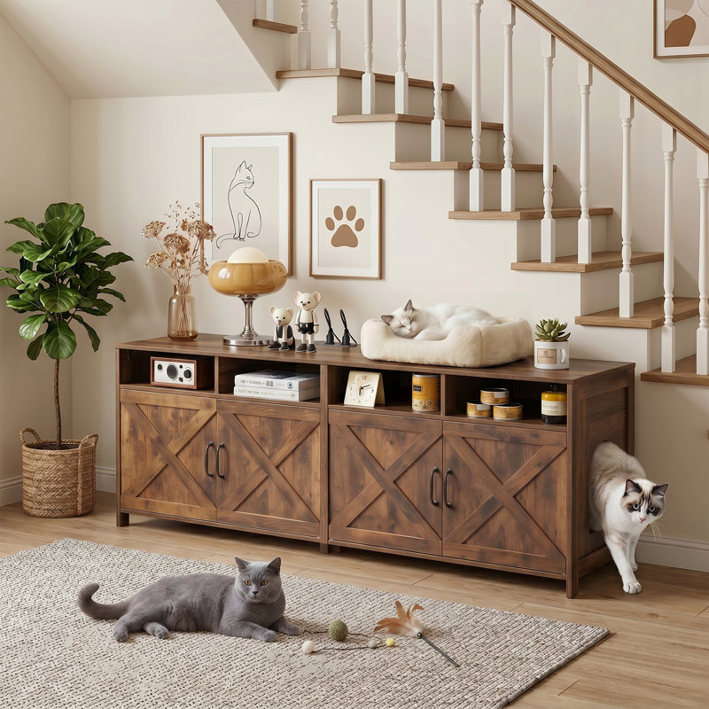 Farmhouse Cat Litter Box Enclosure TV Stand for 2 Cats, 63" Large Hidden Litter Box Cabinet with Power Outlet, Double Compartments, Storage Shelves & Rustic Furniture Design