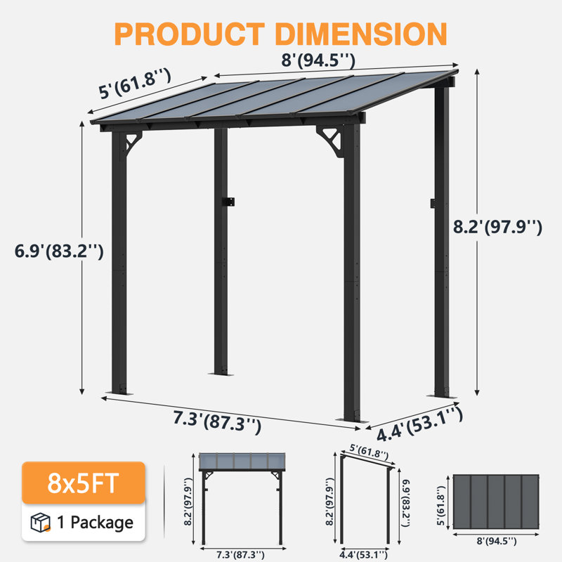 8 Ft. W X 5 Ft. D Aluminum Pergola With Canopy