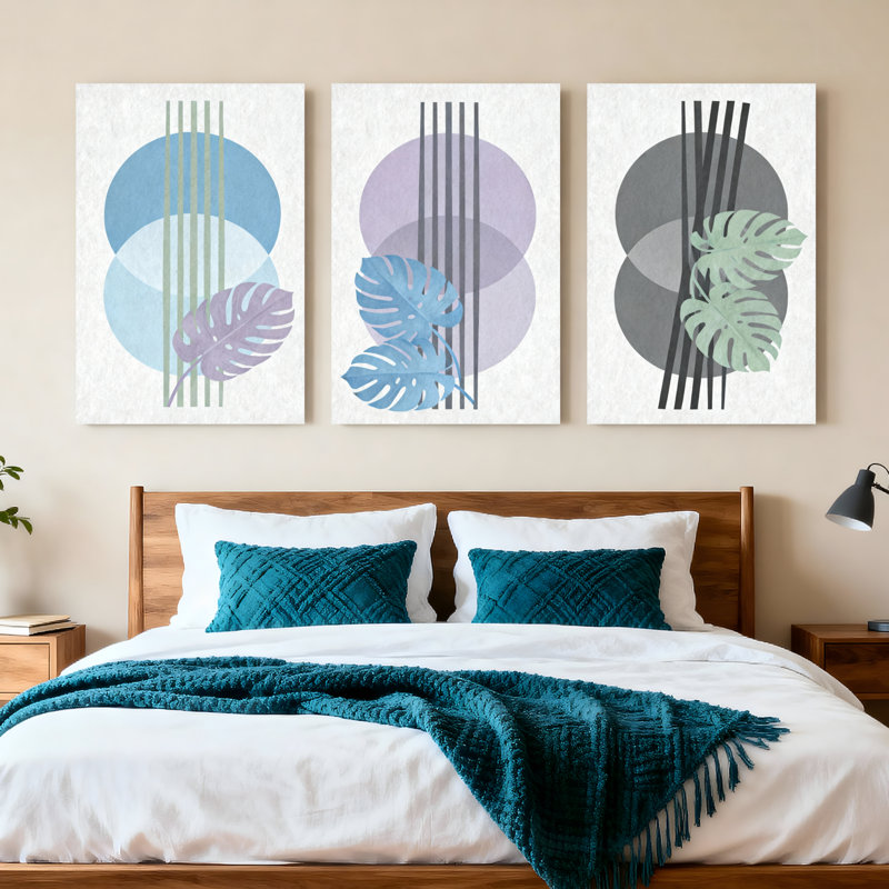 Abstrait, feuilles tropicales et cercles géométriques, impression sur toile, ensemble minimaliste moderne (ensemble de 3)