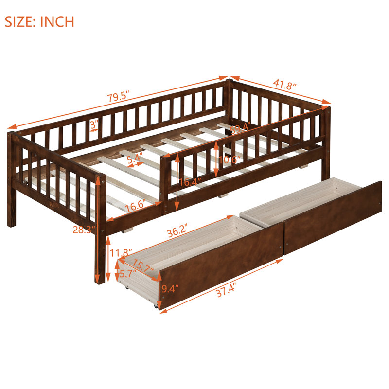 Lit de jour simple avec deux tiroirs en noyer élégant et fonctionnel - Améliore l'organisation de la chambre à coucher en bois massif multi-usage pour une utilisation polyvalente