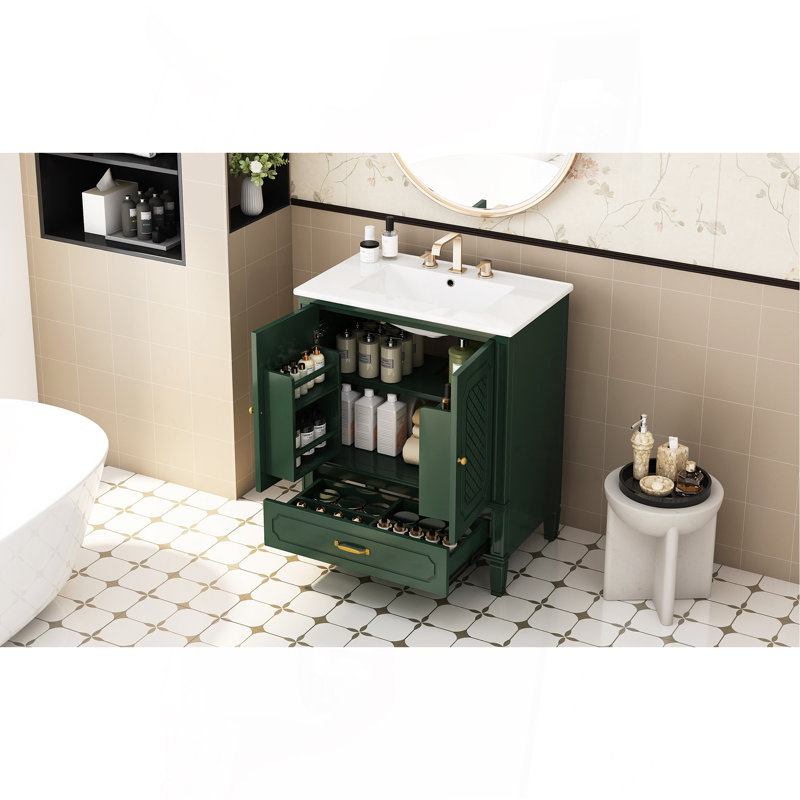 Meuble-lavabo 30 po avec lavabo style rétro, espace de rangement multifonctionnel, tablette de porte, porte à fermeture douce, vert