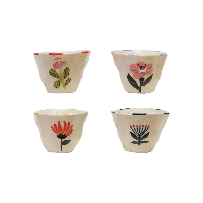 Ensemble de 8 tasses en forme de fleur en grès peintes à la main avec image florale