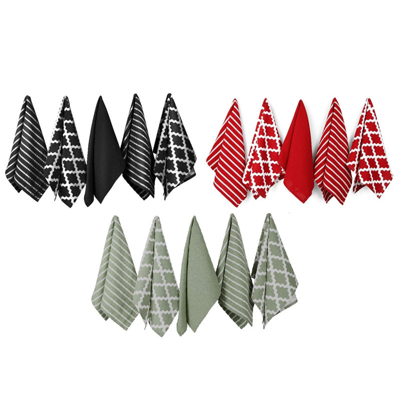 Cotton Waffle Tea Towel Set Kitchen Towel, Black/Sage/Red