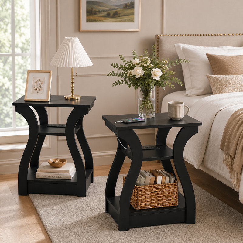 Table d'appoint avec station de recharge, ports USB et prises électriques, table de chevet pour chambre, tablette de rangement à 3 niveaux, table de nuit