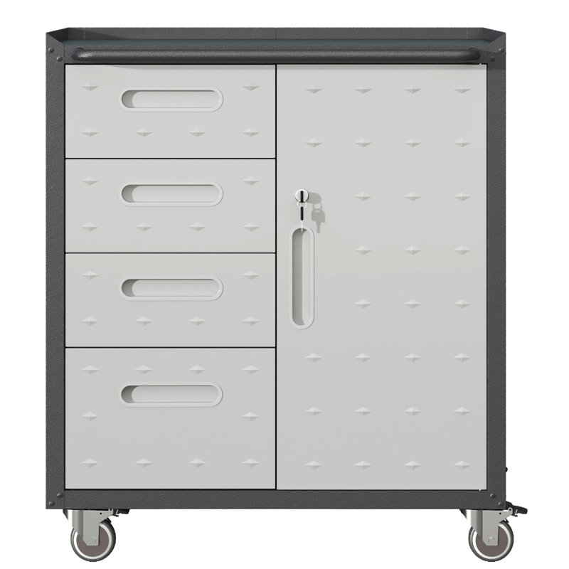 Metal Garage Storage Cabinet - Office, Home, Garage. 35.57"H, Lockable Wheels, Raised Top, 4 Side Drawers. Black/Gray With Wheels Garage, Home. Drawers, Area. Strong And .