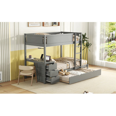 Lit superposé simple au-dessus de simple avec lit gigogne simple, rangement et bureau