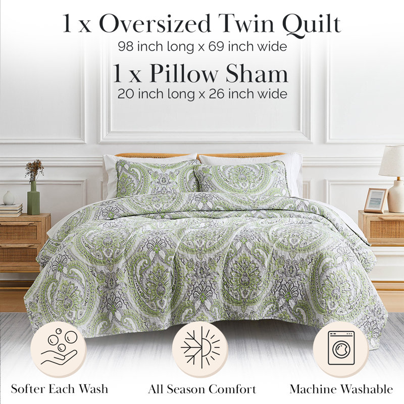 Ensemble de courtepointe surdimensionnée SouthShore Fine Linens Pure Melody, en microfibre doublement brossée à motif cachemire brodé, vert, grand lit/queen, 2 taies d'oreiller standard