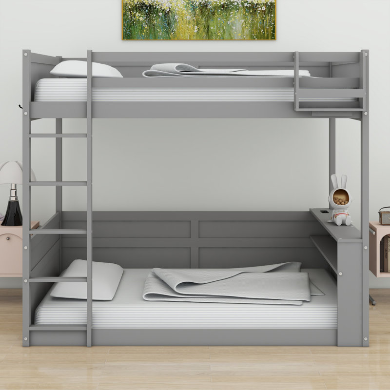 Wooden Bunk Bed With Built-In Shelves,Storage Box,LED Light And USB Charging Station, Gray