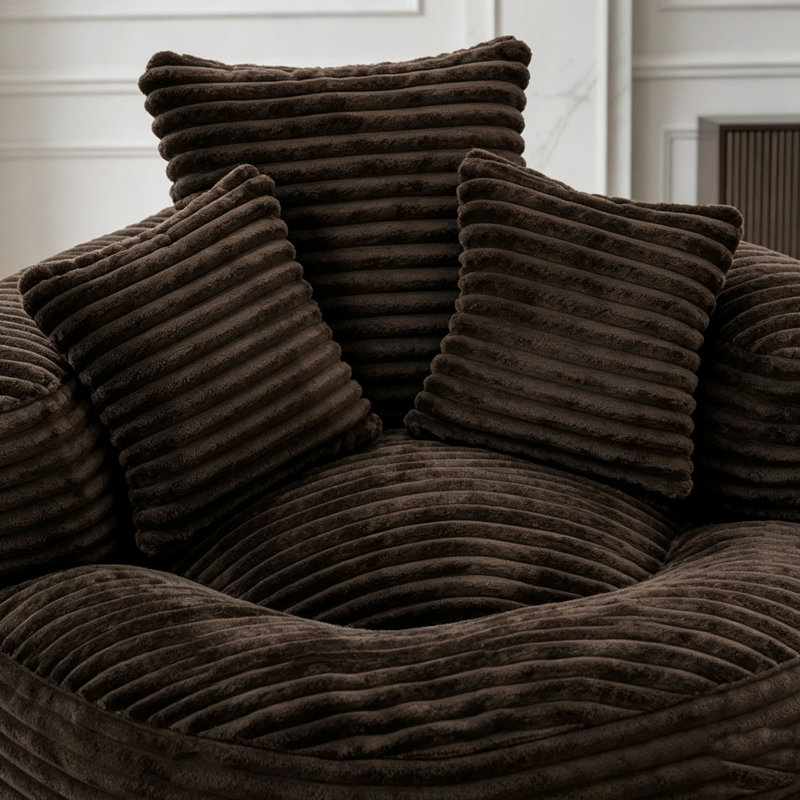 Pouf individuel avec 3 coussins et accoudoirs, Velours côtelé café