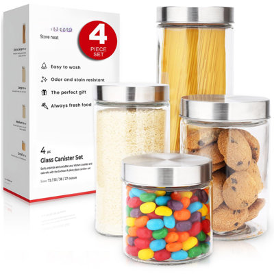 Set Of 4 Glass Canisters With Stainless Steel Lids - Sleek Airtight Glass Storage Containers For Flour, Sugar, Coffee, And Snacks, Essential For Kitch