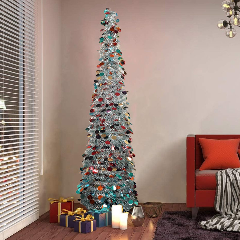 Arbre de Noël artificiel pliable de 5 pi, arbre de Noël en forme de guirlande de Noël argenté pour les fêtes de fin d'année