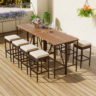 10-Piece All-Weather Outdoor Acacia Wood PE Rattan Wicker Bar Height Foldable Table & Eight Stools With Cushions