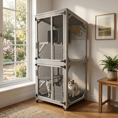 71.2" Tall Wooden Catio with Wheels, Large Multi-Level Cat Enclosure, 3 Platforms, Resting Box for Indoor & Outdoor Use