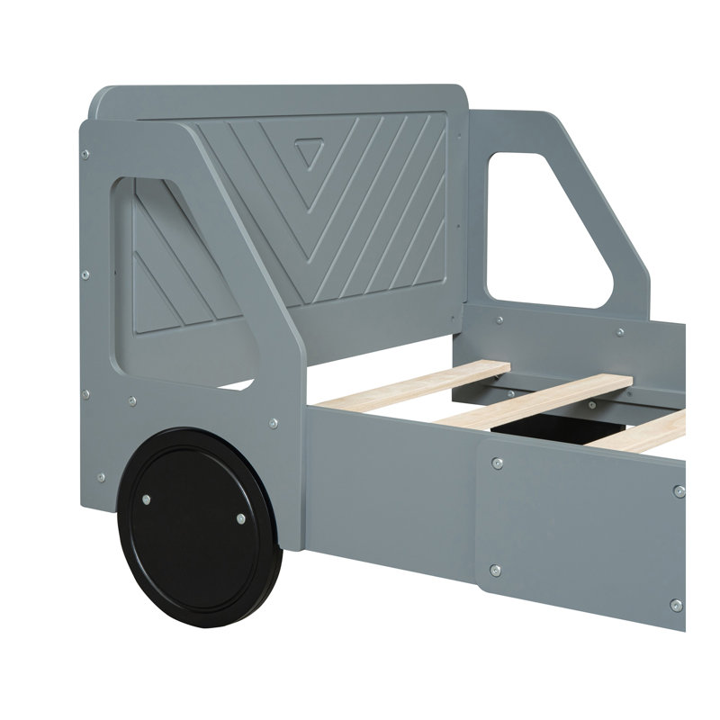 Lit plateforme simple en forme de voiture avec roulettes, gris, Gris, Lit simple