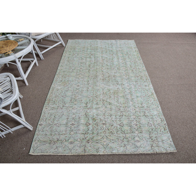 Handmade Vintage Turkish Area Rug with Soft Green Pastel and  Bohemian Pattern
