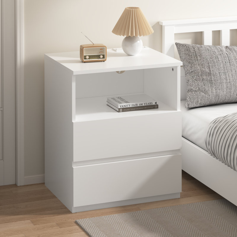Table de bout blanche moderne avec station de charge USB rapide et 2 tiroirs - Rangement pour salon, chambre à coucher, bureau