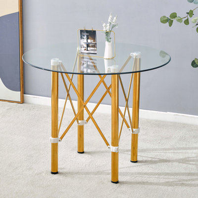 Table de salle à manger 36 "ronde en verre trempé transparent avec pieds en métal doré