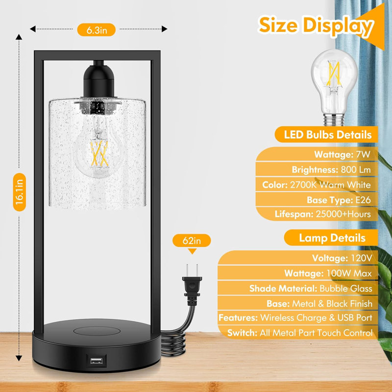 Wulfe Metal USB Table Lamp, Clear, Black