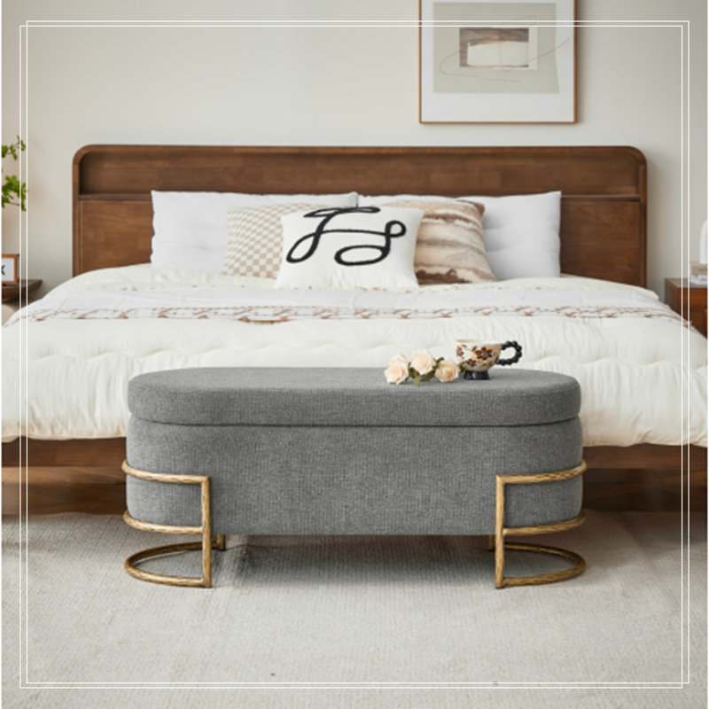 Banc de rangement ovale capitonné à couvercle rabattable avec pattes en métal, Grey