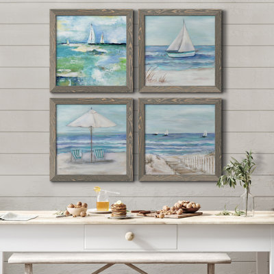 Jour sur le lac - Ensemble de 4 peintures sur toile encadrées