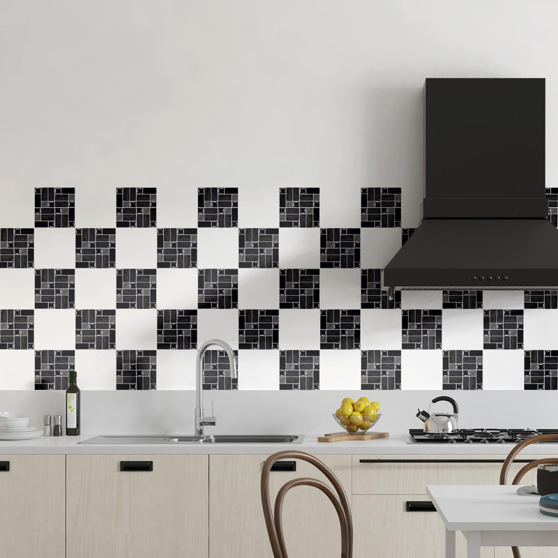 Stone Mosaic Wall Tile Sticker Set 15cm x 15cm PVC, Glossy Black