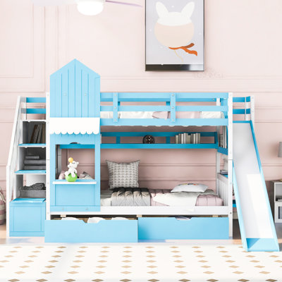 Twintwin Bunk Bed With 2 Drawers, 3 Shelves And Slide - Blue. Solid Wood Construction For Over 6 Years. No Box Spring Required. 106.3"L X 76.6"W 72.8"H. 250Lbs Weight Capacity Each Blue A Slide. 6.