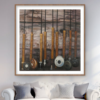 Cannes à pêche sur bois | «Man Cave», reproduction d'art encadrée