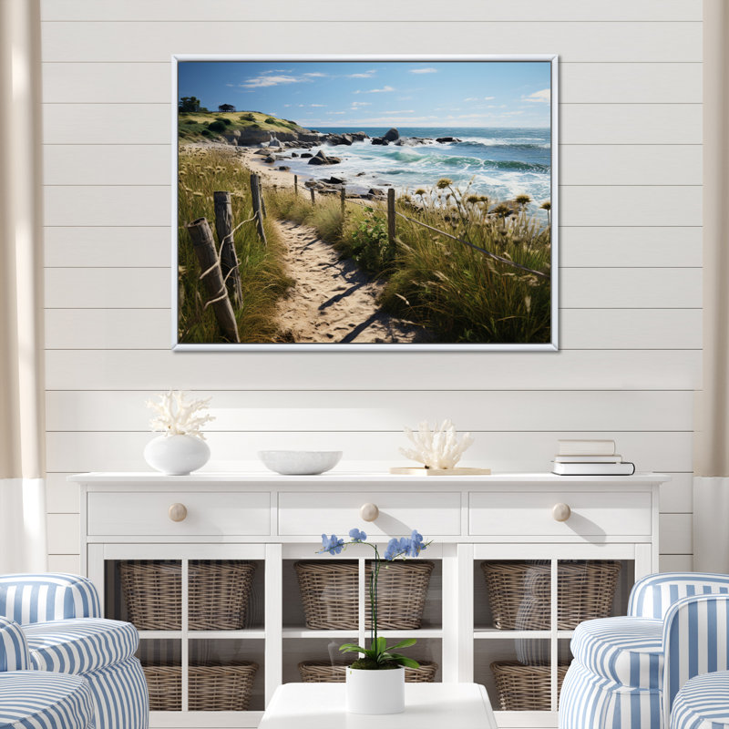 Paysage de plage Whittman Path sur toile, H 16 po x l 32 po x P 1 po, Cadre flottant blanc