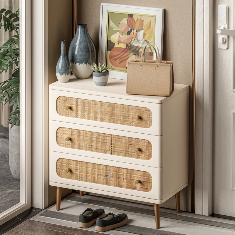 Okkra Modern Farmhouse 3-Drawer Woven Chest, White/Gold