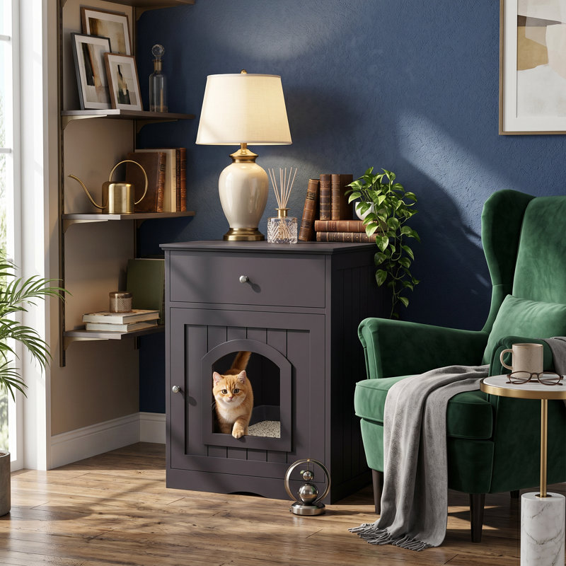 Enceinte de litière, table d'appoint en bois pour chat avec tiroir, brun, Brun