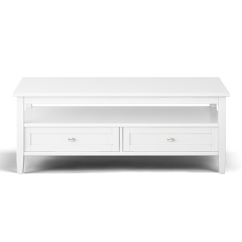 Table basse transitionnelle en bois massif Warm Shaker de 48 po de largeur avec tiroirs de rangement et tablette ouverte