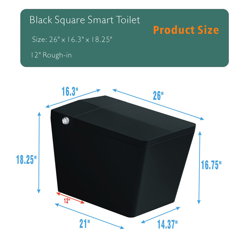 Smart Toilet With Built-In Tank For Bathroom, Auto Flush, Heated Seat, Remote Control, Led Display, Matte Black Square Shape Bathroom Tank, Unification